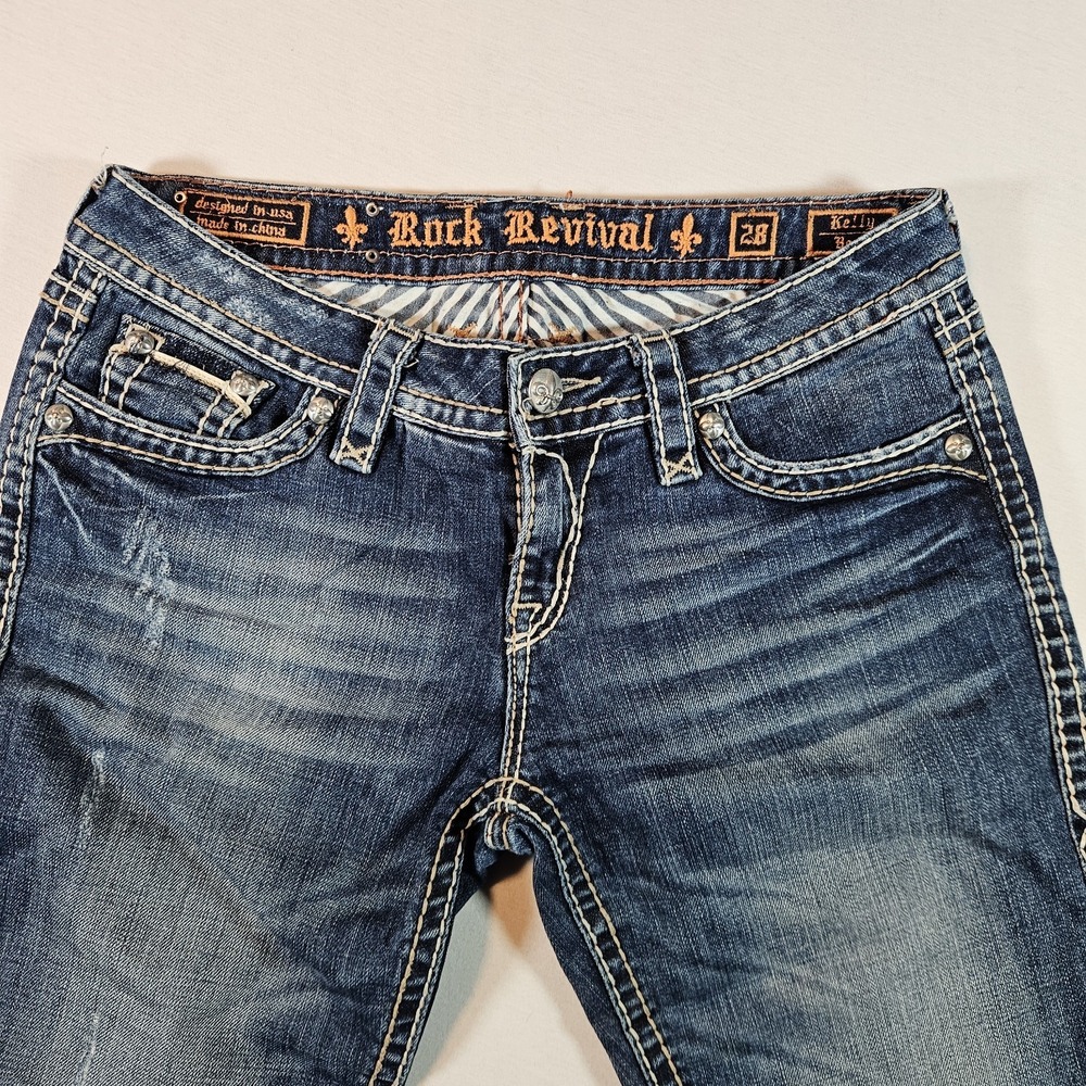 Rock Revival Jeans Kelly Boot 28 Thick Stitch Whiskering Embroidered Pockets - Picture 4 of 8